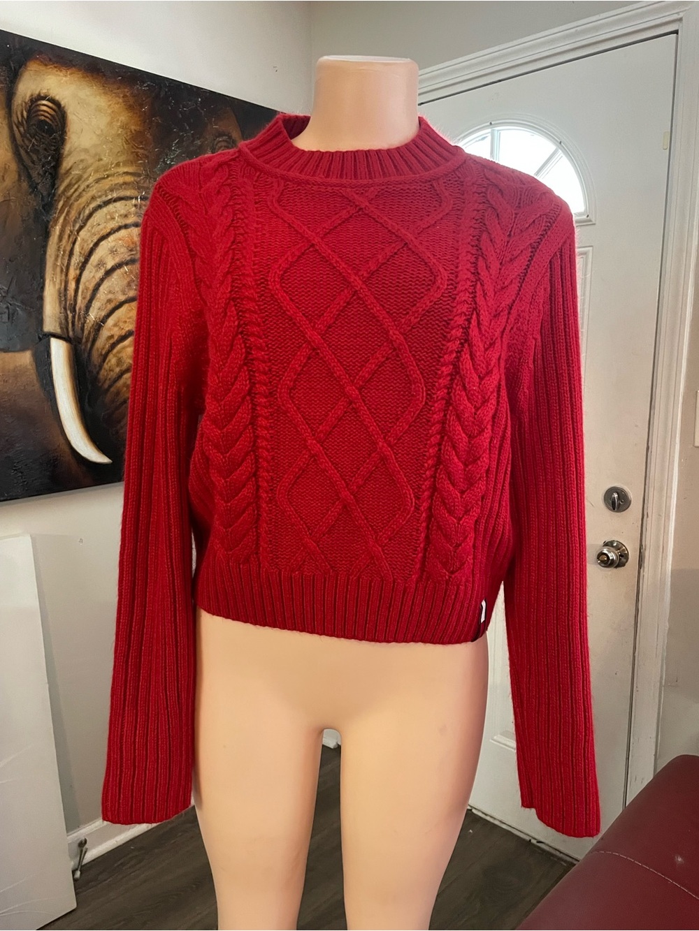 Tommy Jeans Tommy Hilfiger Red Cable-Knit Women's Sweater Large Classic collect